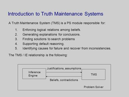 Introduction to Truth Maintenance Systems A Truth Maintenance System (TMS) is a PS module responsible for: 1.Enforcing logical relations among beliefs.