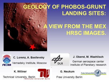 GEOLOGY OF PHOBOS-GRUNT LANDING SITES: A VIEW FROM THE MEX HRSC IMAGES. Vernadsky Institute, Moscow C. Lorenz, A. Basilevsky K. Willner Technical University,