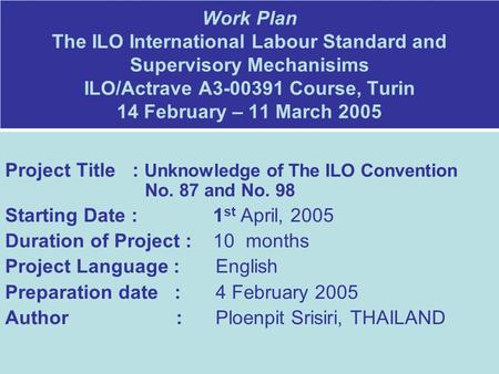 Work Plan The ILO International Labour Standard and Supervisory Mechanisims ILO/Actrave A3-00391 Course, Turin 14 February – 11 March 2005 Project Title.