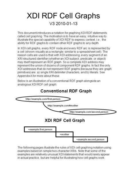 XDI RDF Cell Graphs V3 2010-01-13 This document introduces a notation for graphing XDI RDF statements called cell graphing. The motivation is to have an.