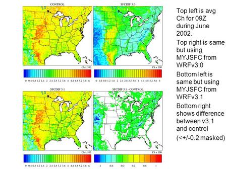 Top left is avg Ch for 09Z during June 2002. Top right is same but using MYJSFC from WRFv3.0 Bottom left is same but using MYJSFC from WRFv3.1 Bottom right.