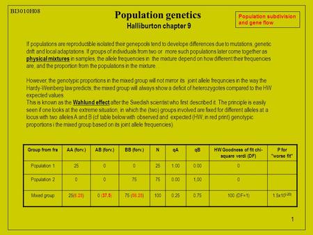 1 BI3010H08 Population genetics Halliburton chapter 9 Population subdivision and gene flow If populations are reproductible isolated their genepools tend.