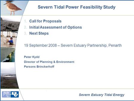 Severn Estuary Tidal Energy 1.Call for Proposals 2.Initial Assessment of Options 3.Next Steps 19 September 2008 – Severn Estuary Partnership, Penarth Peter.
