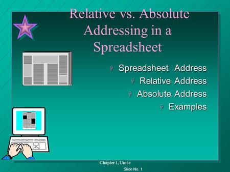 Slide No. 1 Chapter 1, Unit c Relative vs. Absolute Addressing in a Spreadsheet H Spreadsheet Address H Relative Address H Absolute Address H Examples.
