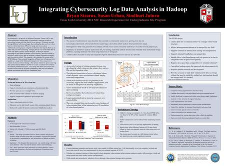 Integrating Cybersecurity Log Data Analysis in Hadoop Bryan Stearns, Susan Urban, Sindhuri Juturu Texas Tech University 2014 NSF Research Experience for.