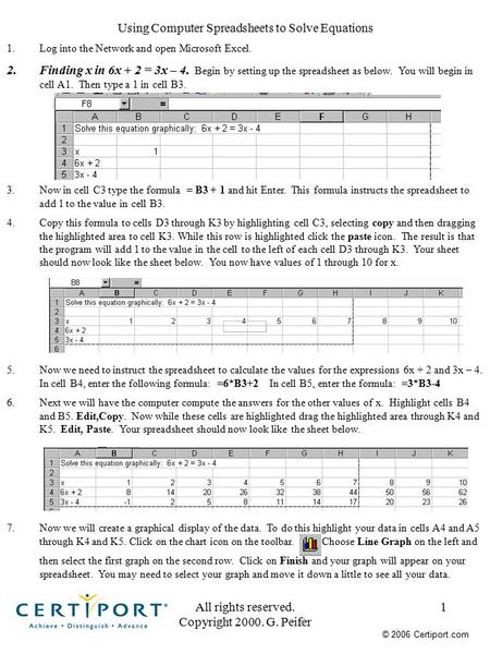 All rights reserved. Copyright 2000. G. Peifer 1 Using Computer Spreadsheets to Solve Equations 1.Log into the Network and open Microsoft Excel. 2.Finding.