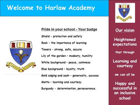Welcome to Harlaw Academy Our vision Heightened expectations that through Learning and courtesy we can all be Happy and successful in an inclusive school.