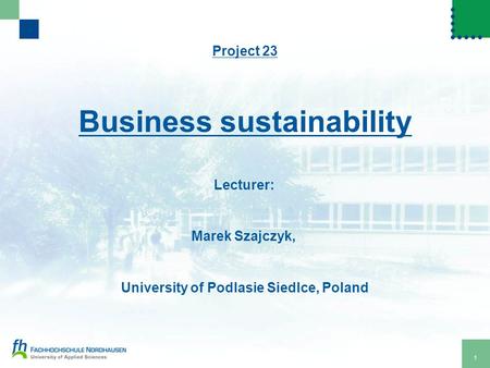 1 Project 23 Business sustainability Lecturer: Marek Szajczyk, University of Podlasie Siedlce, Poland.