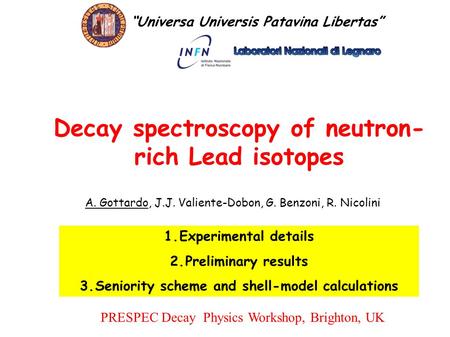 Decay spectroscopy of neutron- rich Lead isotopes “Universa Universis Patavina Libertas” 1.Experimental details 2.Preliminary results 3.Seniority scheme.