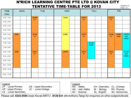 TENTATIVE TIME-TABLE FOR 2013 TIME (PM) MONTUEWEDTHUFRI 4:00 – 4:30S3/AM AT S1/SCS4/CH AT S3/CH AT 4:30 – 5:00 5:00 – 5:30 5:30 – 6:00 6:00 – 6:30S4/BIS4/AM.