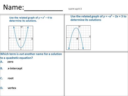 Name:__________ warm-up 4-3 Use the related graph of y = –x 2 – 2x + 3 to determine its solutions Which term is not another name for a solution to a quadratic.