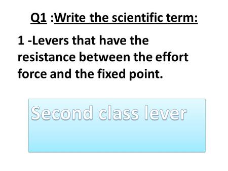 Q1 :Write the scientific term: 1 -Levers that have the resistance between the effort force and the fixed point.