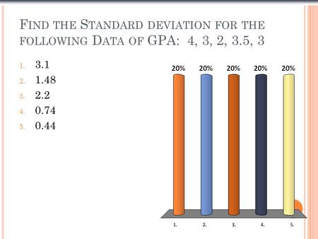 F IND THE S TANDARD DEVIATION FOR THE FOLLOWING D ATA OF GPA: 4, 3, 2, 3.5, 3 1. 3.1 2. 1.48 3. 2.2 4. 0.74 5. 0.44.