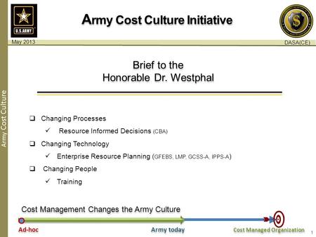 Army Cost Culture A rmy Cost Culture Initiative May 2013 DASA(CE) Ad-hoc Army today Cost Managed Organization Brief to the Honorable Dr. Westphal  Changing.