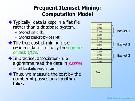 1 Frequent Itemset Mining: Computation Model uTypically, data is kept in a flat file rather than a database system. wStored on disk. wStored basket-by-basket.