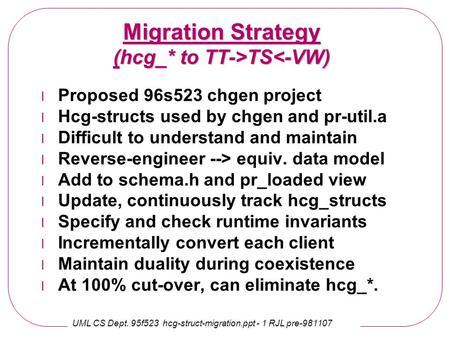 UML CS Dept. 95f523 hcg-struct-migration.ppt - 1 RJL pre-981107 Migration Strategy (hcg_* to TT->TS TS