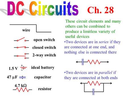 DC Circuits Ch. 28 These circuit elements and many others can be combined to produce a limitless variety of useful devices wire open switch closed switch.