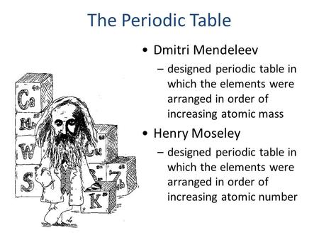 The Periodic Table Dmitri Mendeleev –designed periodic table in which the elements were arranged in order of increasing atomic mass Henry Moseley –designed.