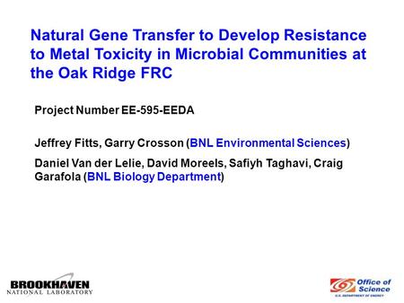 Natural Gene Transfer to Develop Resistance to Metal Toxicity in Microbial Communities at the Oak Ridge FRC Jeffrey Fitts, Garry Crosson (BNL Environmental.