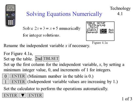 Solving Equations Numerically Figure 4.1a Rename the independent variable x if necessary. For Figure 4.1a, Set up the table. Set up the first column for.