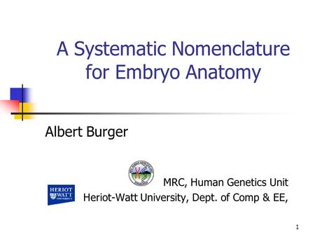 1 A Systematic Nomenclature for Embryo Anatomy MRC, Human Genetics Unit Heriot-Watt University, Dept. of Comp & EE, Albert Burger.