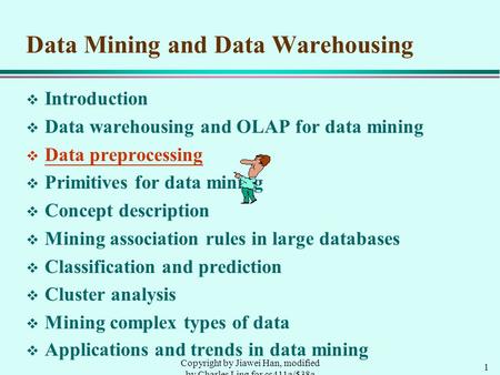 1 Copyright by Jiawei Han, modified by Charles Ling for cs411a/538a Data Mining and Data Warehousing v Introduction v Data warehousing and OLAP for data.
