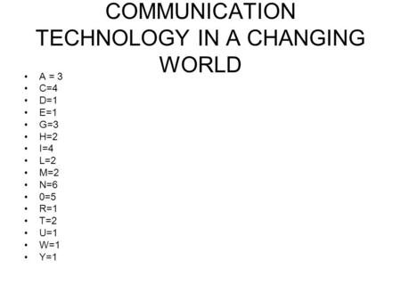 COMMUNICATION TECHNOLOGY IN A CHANGING WORLD A = 3 C=4 D=1 E=1 G=3 H=2 I=4 L=2 M=2 N=6 0=5 R=1 T=2 U=1 W=1 Y=1.