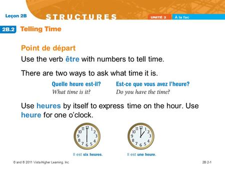 Use the verb être with numbers to tell time.