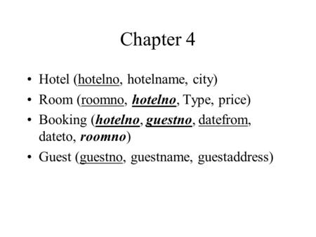 Chapter 4 Hotel (hotelno, hotelname, city)