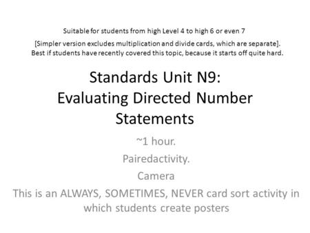 Standards Unit N9: Evaluating Directed Number Statements