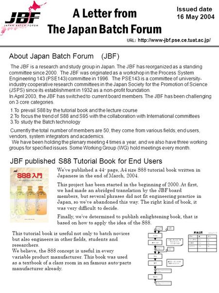A Letter from The Japan Batch Forum Issued date 16 May 2004 URL:  JBF published S88 Tutorial Book for End Users About.