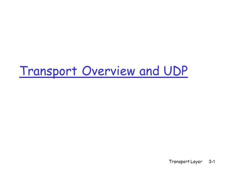 Transport Layer3-1 Transport Overview and UDP. Transport Layer3-2 Goals r Understand transport services m Multiplexing and Demultiplexing m Reliable data.
