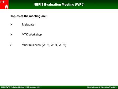 NEFIS Evaluation Meeting (WP5) Aljoscha Requardt, University of Hamburg NEFIS (WP5) Evaluation Meeting, 15-16 November 2004  Metadata  VTK Workshop Topics.