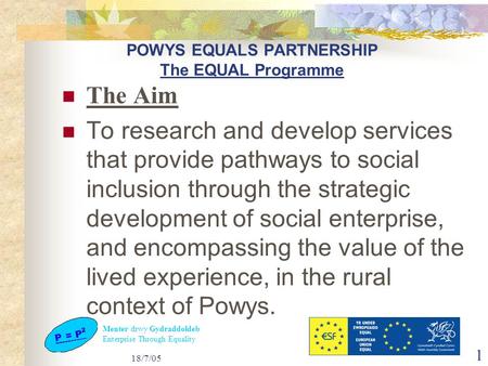 Menter drwy Gydraddoldeb Enterprise Through Equality 18/7/05 1 POWYS EQUALS PARTNERSHIP The EQUAL Programme The Aim To research and develop services that.