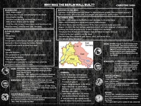 WHY WAS THE BERLIN WALL BUILT? BACKGROUND: - 1945, WWII ended - Germany was in ruins; everything had to be rebuilt (including the Media) - The Allies split.