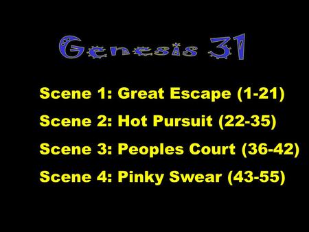 Scene 1: Great Escape (1-21) Scene 2: Hot Pursuit (22-35) Scene 3: Peoples Court (36-42) Scene 4: Pinky Swear (43-55)