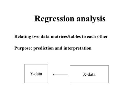 Regression analysis Relating two data matrices/tables to each other Purpose: prediction and interpretation Y-data X-data.