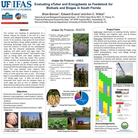 Evaluating eTuber and Energybeets as Feedstock for Biofuels and Biogas in South Florida Brian Boman 1, Edward Evans 2 and Ann C. Wilkie 3 1 Agricultural.