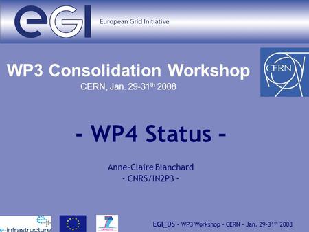 EGI_DS – WP3 Workshop – CERN – Jan. 29-31 th 2008 WP3 Consolidation Workshop CERN, Jan. 29-31 th 2008 - WP4 Status – Anne-Claire Blanchard - CNRS/IN2P3.