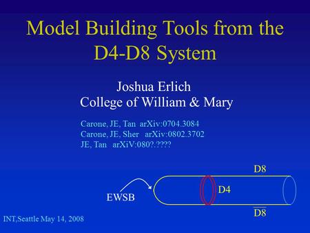 Model Building Tools from the D4-D8 System Joshua Erlich College of William & Mary INT,Seattle May 14, 2008 Carone, JE, Tan arXiv:0704.3084 Carone, JE,