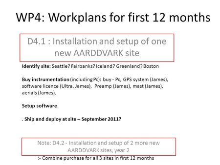 WP4: Workplans for first 12 months D4.1 : Installation and setup of one new AARDDVARK site Identify site: Seattle? Fairbanks? Iceland? Greenland? Boston.