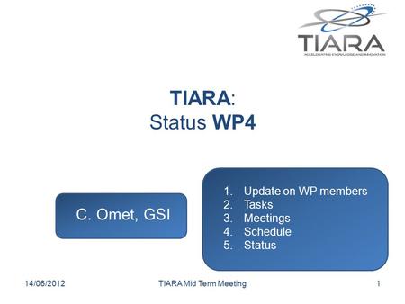 TIARA: Status WP4 C. Omet, GSI 1.Update on WP members 2.Tasks 3.Meetings 4.Schedule 5.Status 14/06/2012TIARA Mid Term Meeting1.