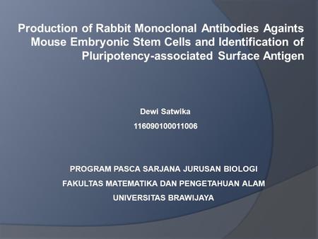 Production of Rabbit Monoclonal Antibodies Againts Mouse Embryonic Stem Cells and Identification of Pluripotency-associated Surface Antigen Dewi Satwika.
