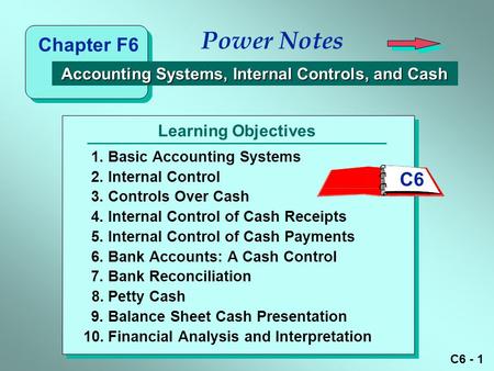 C6 - 1 Learning Objectives Power Notes 1.Basic Accounting Systems 2.Internal Control 3.Controls Over Cash 4.Internal Control of Cash Receipts 5.Internal.