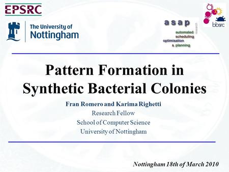 Pattern Formation in Synthetic Bacterial Colonies Fran Romero and Karima Righetti Research Fellow School of Computer Science University of Nottingham Nottingham.