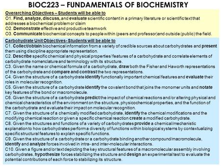 BIOC223 – FUNDAMENTALS OF BIOCHEMISTRY Carbohydrate Unit Objectives- Students will be able to C1. Collect/obtain biochemical information from a variety.