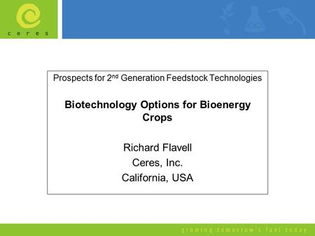 Prospects for 2 nd Generation Feedstock Technologies Biotechnology Options for Bioenergy Crops Richard Flavell Ceres, Inc. California, USA.