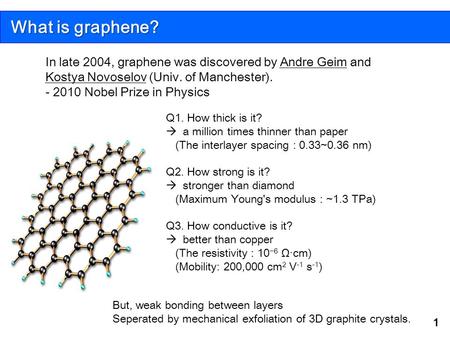 What is graphene? In late 2004, graphene was discovered by Andre Geim and Kostya Novoselov (Univ. of Manchester). - 2010 Nobel Prize in Physics Q1. How.
