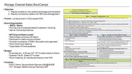 © 2014 International Business Machines Corporation1 Storage Channel Sales BootCamps Plenary in English or German Breakout session in English or German.