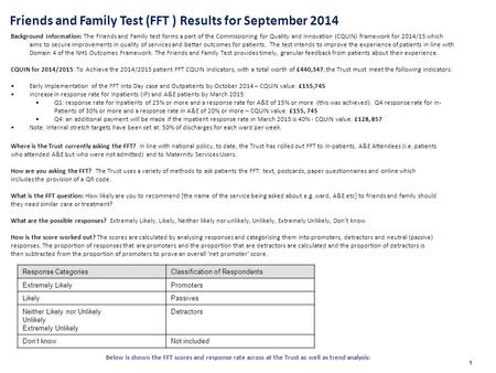 Friends and Family Test (FFT ) Results for September 2014 1 Background Information: The Friends and Family test forms a part of the Commissioning for Quality.